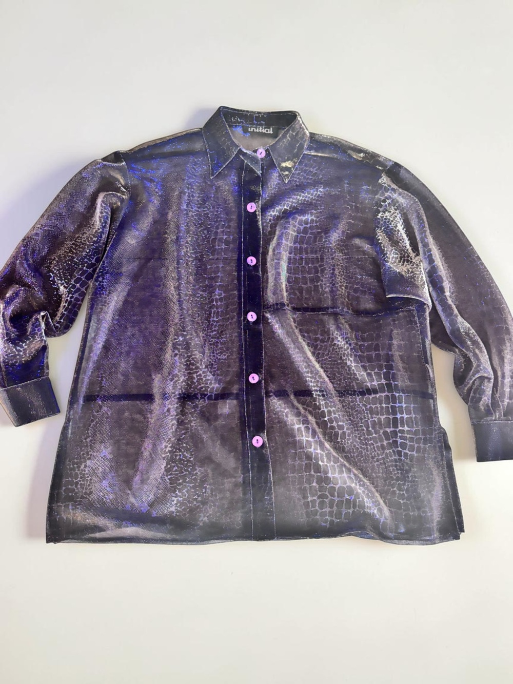 Sheer Snake Print Organza Blouse Purple Iridescent XL XXL
